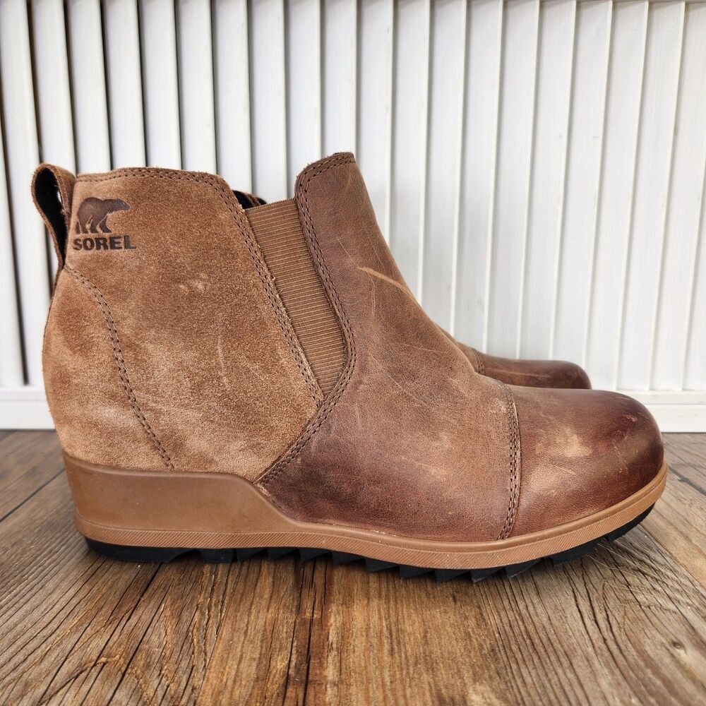 Sorel Evie Pull-On Wedge Boots Womens Sz 9 Brown Leather Boho Hidden Wedge Ankle